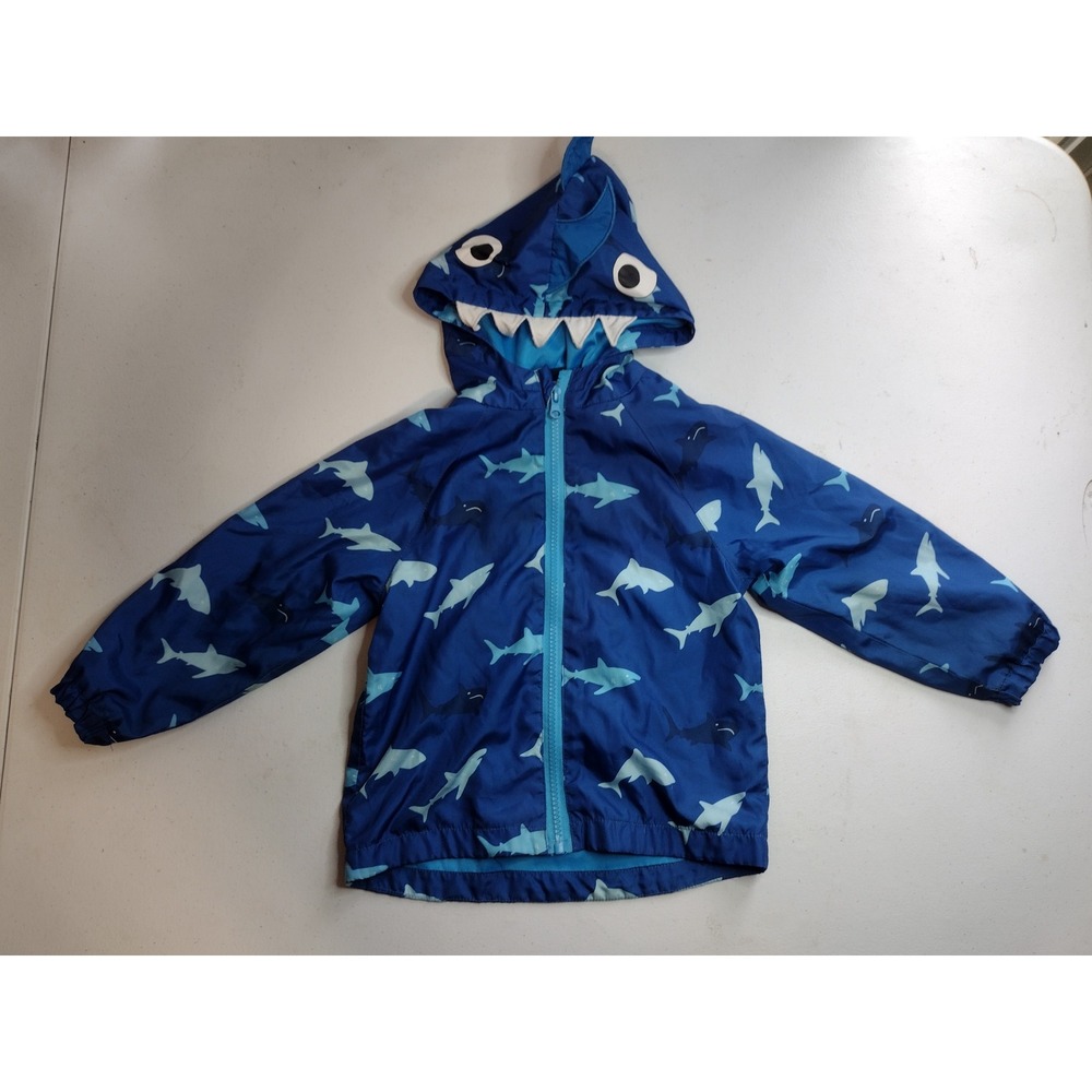 Little Rebels Boys Blue Shark Hooded Windbreaker Jacket 3T 3D Fin Teeth‎ Novelty
